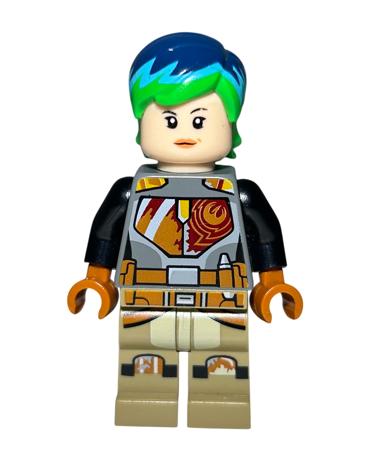 LEGO Star Wars Minifigur Sabine Wren Grün Blaues Haar SW0742 Vorderansicht brick2d2