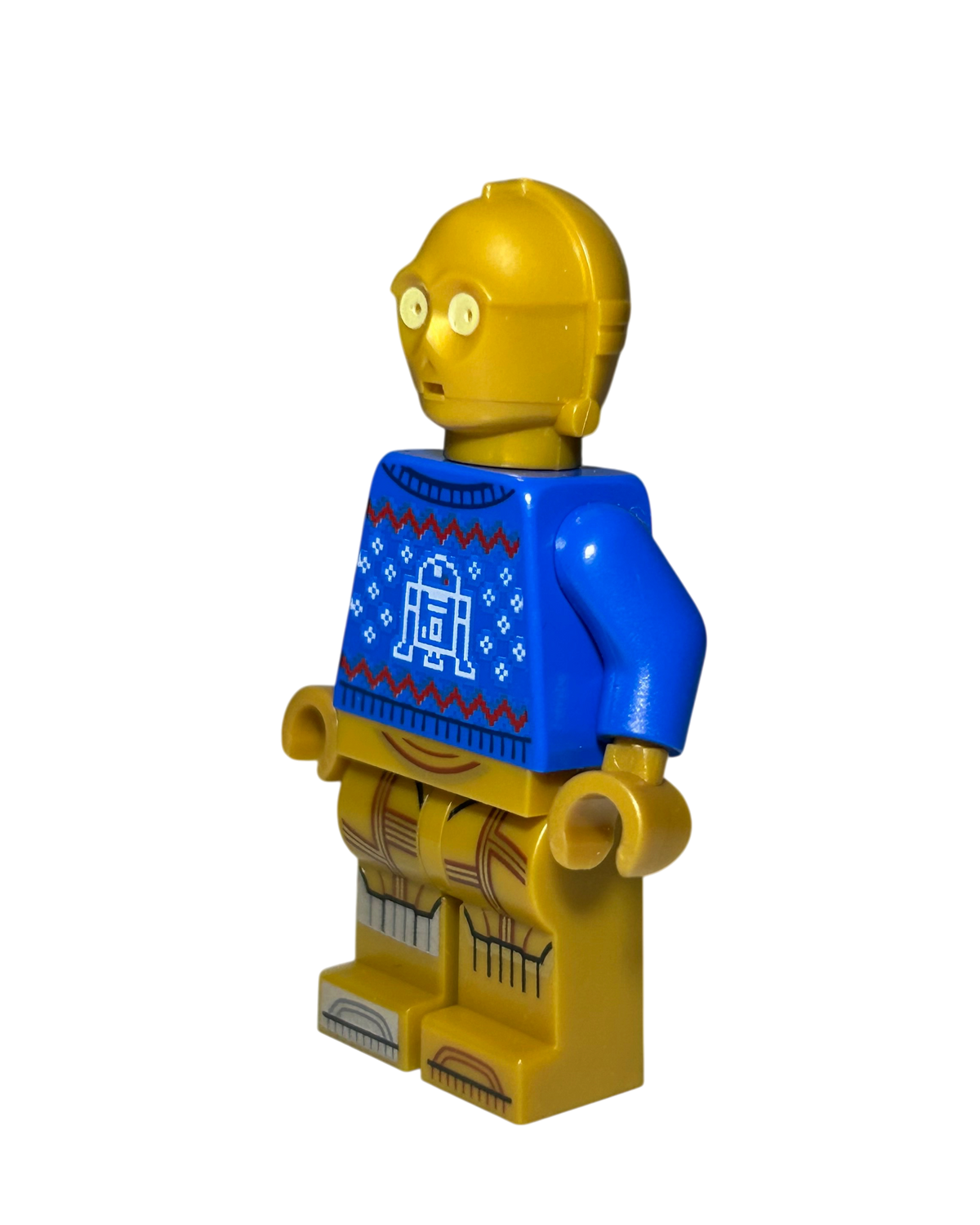 LEGO Star Wars Minifigur C-3PO SW1238 Seitenansicht links mit Weihnachtspullover und goldfarbenem Droidenkopf brick2d2