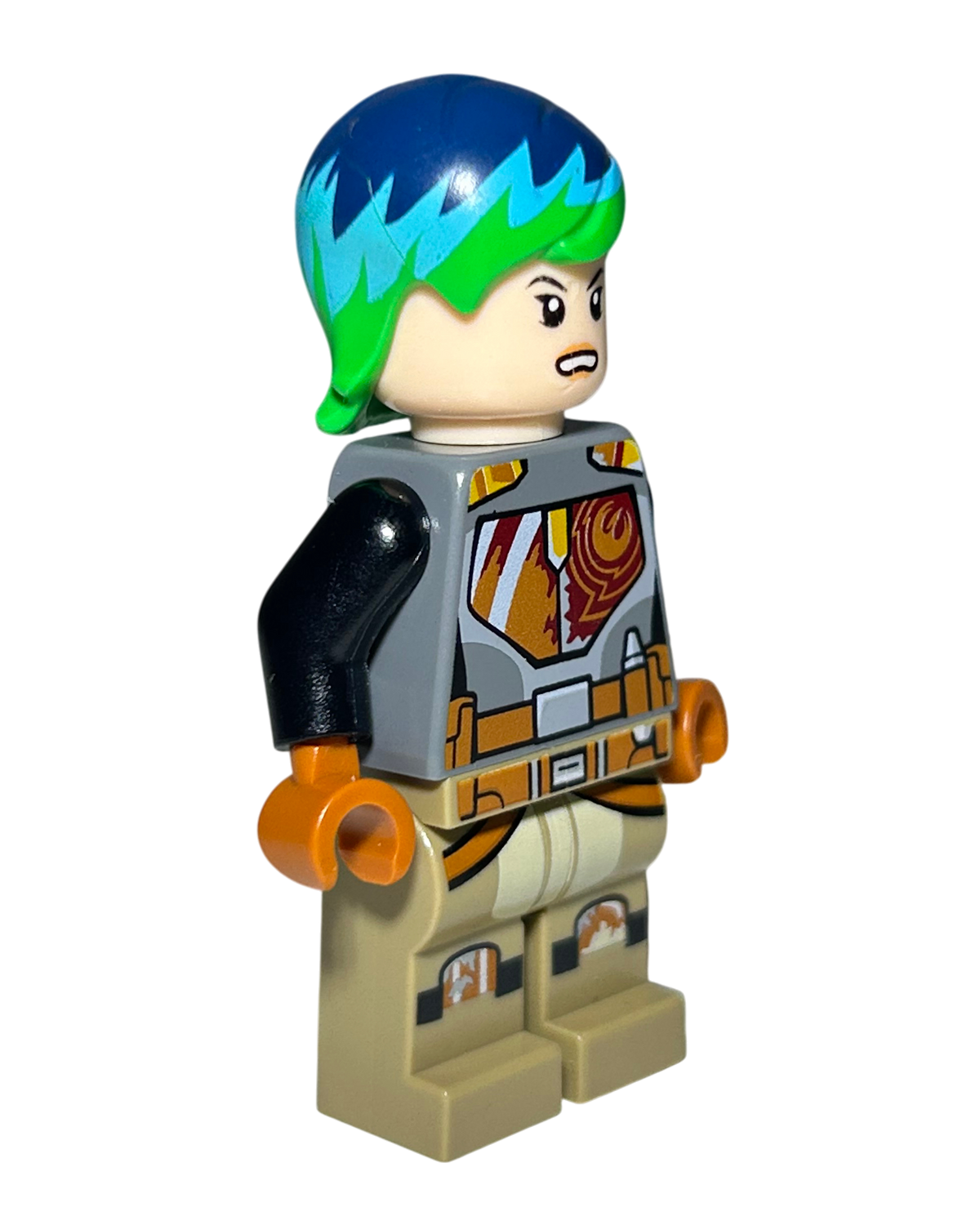 LEGO Star Wars Minifigur Sabine Wren Grün Blaues Haar SW0742 Seitenansicht links brick2d2