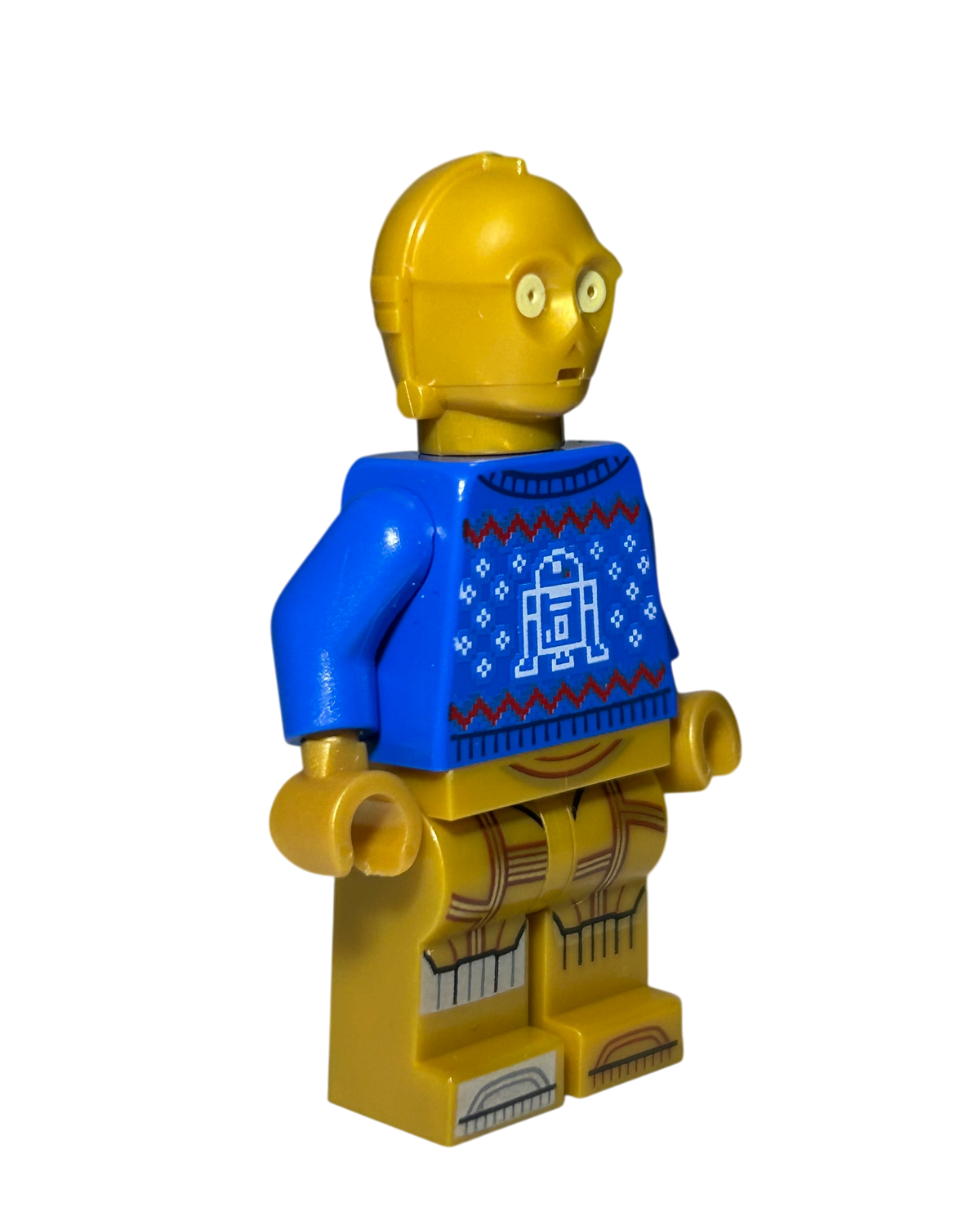 LEGO Star Wars Minifigur C-3PO SW1238 Seitenansicht rechts mit Weihnachtspullover und goldfarbenem Droidenkopf brick2d2