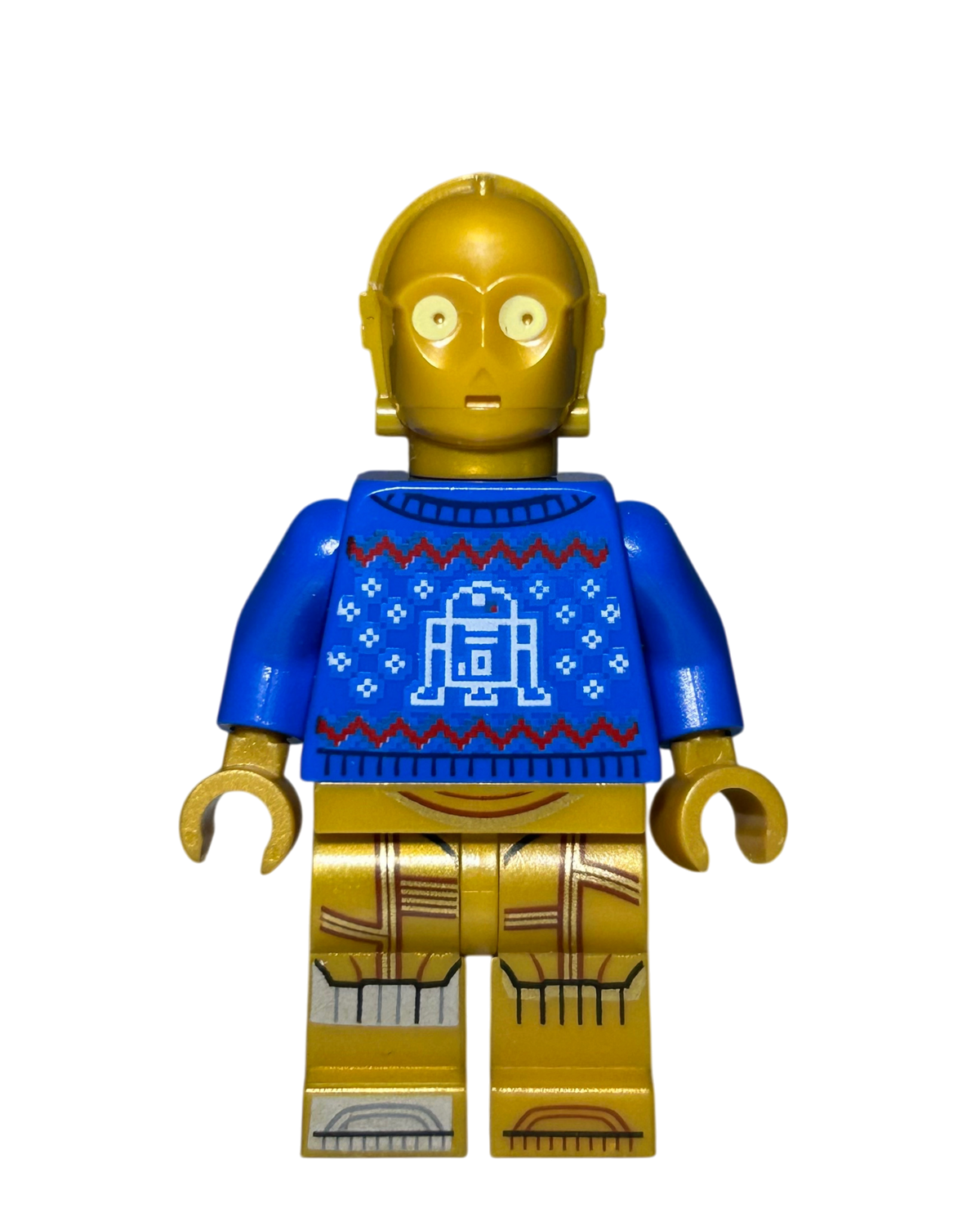 LEGO Star Wars Minifigur C-3PO SW1238 Vorderansicht mit blauem Weihnachtspullover und R2-D2-Motiv brick2d2