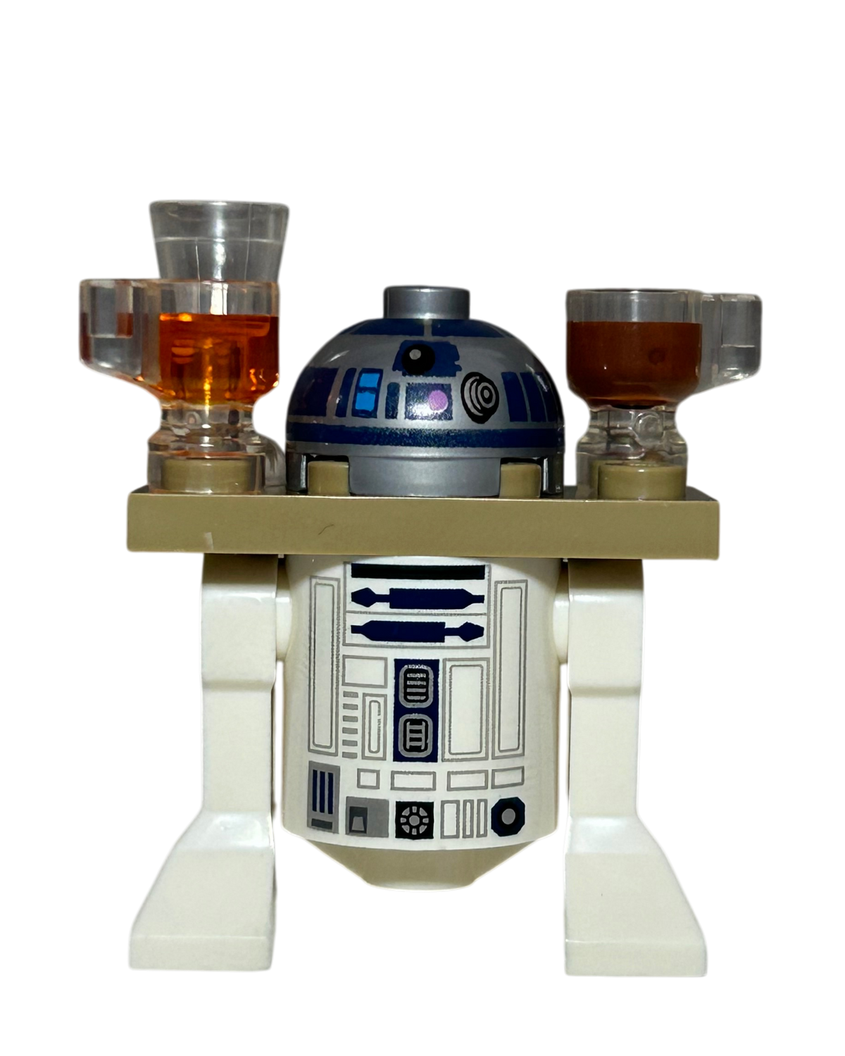 R2-D2 SW1385 LEGO Star Wars Minifigur mit Tablett und Getränken Vorderansicht brick2d2